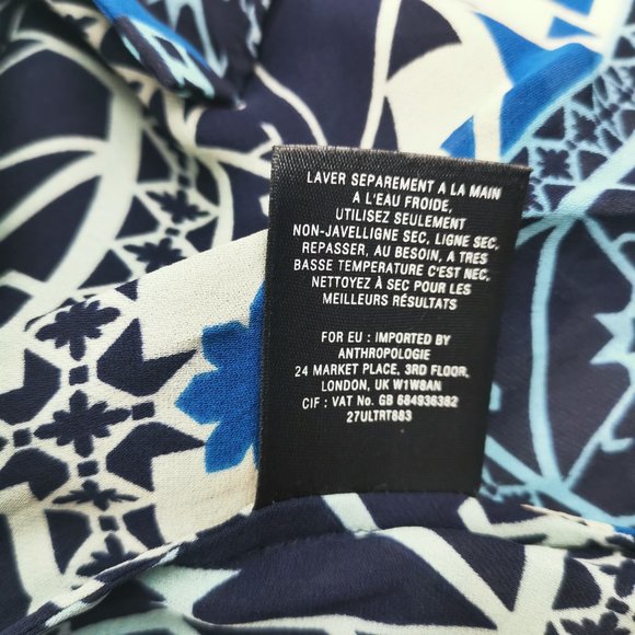 Anthropologie Leifsdottir Blue Geometric Print 100% Silk Blouse Size 2 Summer - Picture 7 of 10